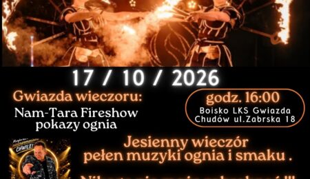 Plakat wydarzenia „Pożegnajmy jesień razem” w Chudowie, 17 października 2026, godz. 16:00, boisko LKS Gwiazda przy ul. Zabrskiej 18.