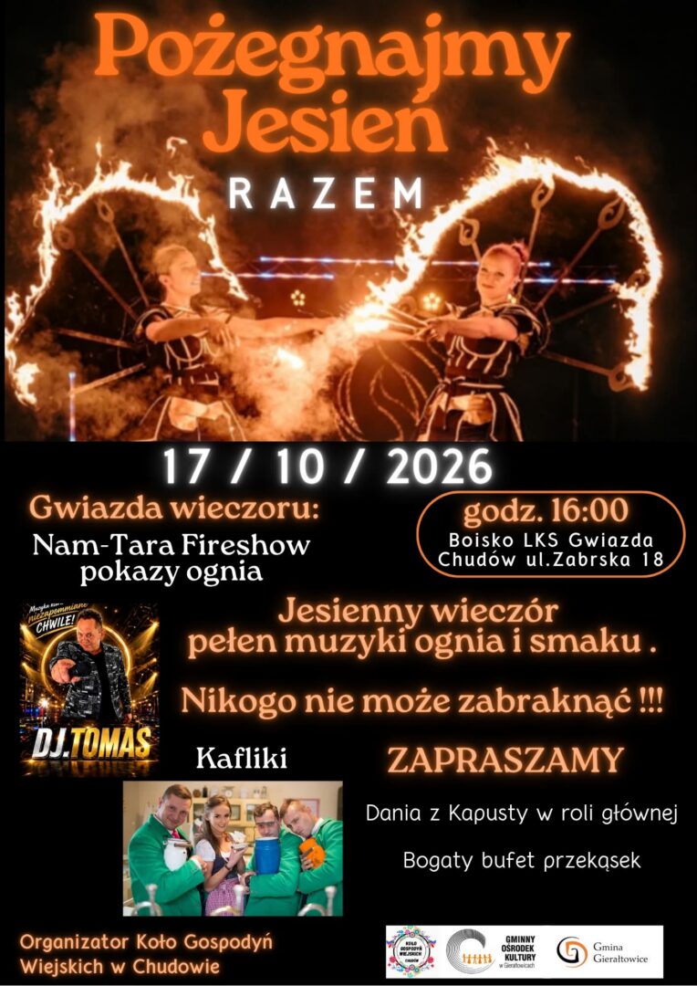 Plakat wydarzenia „Pożegnajmy jesień razem” w Chudowie, 17 października 2026, godz. 16:00, boisko LKS Gwiazda przy ul. Zabrskiej 18.